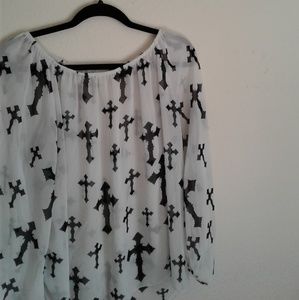 Chiffon White Blouse w/ Black Crosses